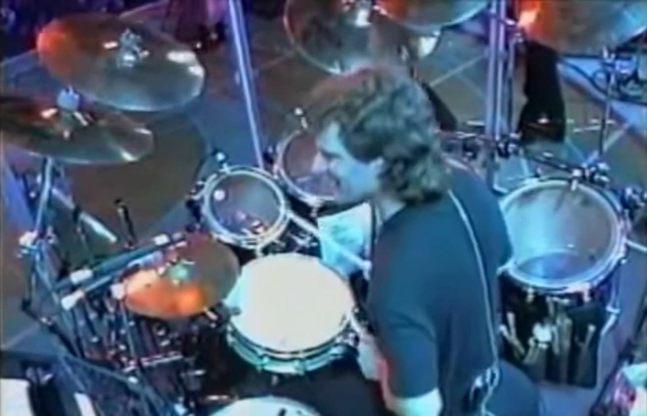 Overhead view of Steve Rucker at the drum kit, Sydney 1999