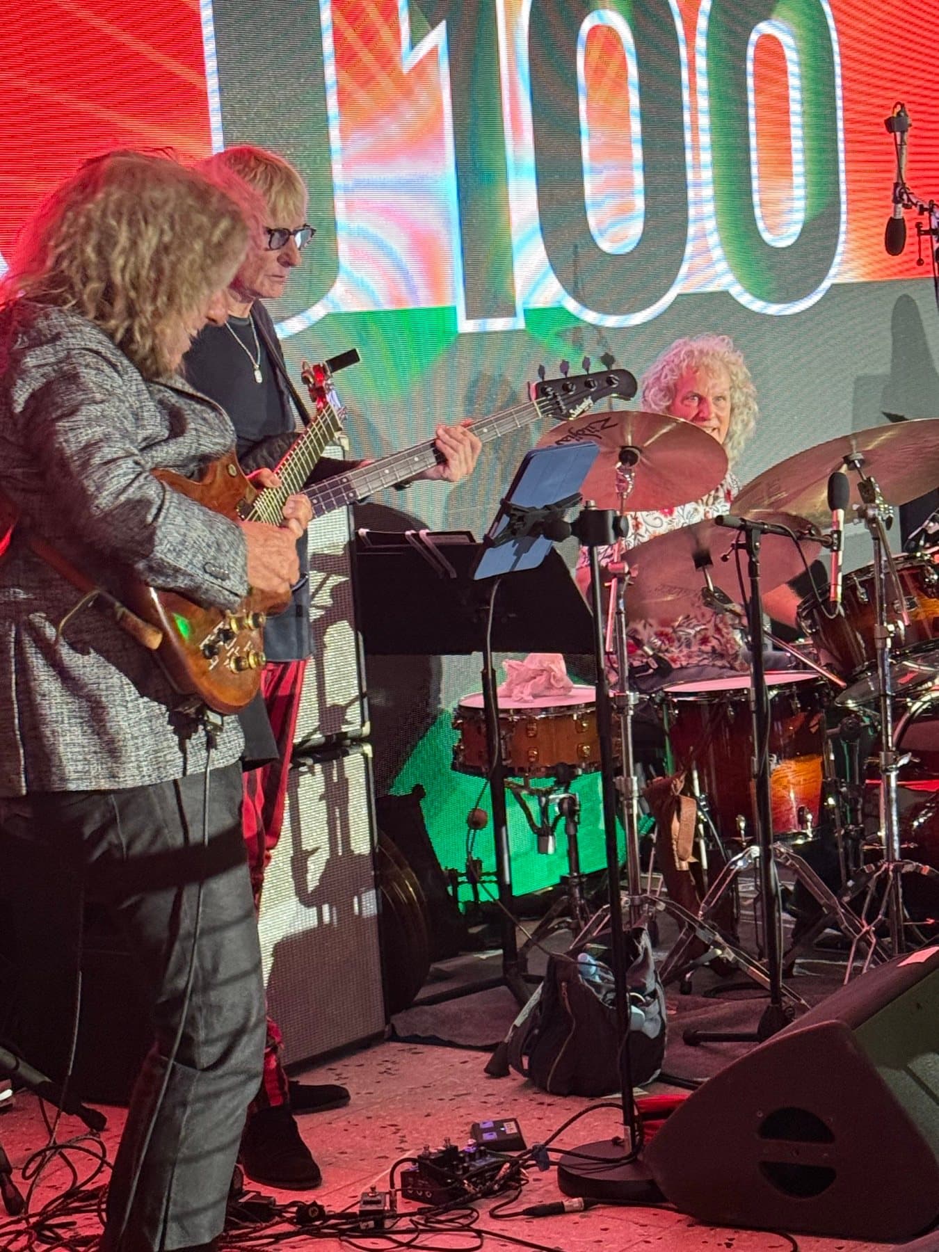 Steve Rucker on drums with Pat Metheny and Will Lee at the Frost School of Music Centennial Concert