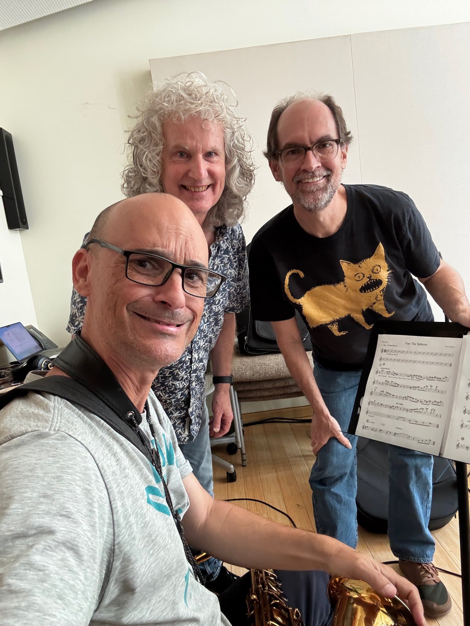 Steve Rucker with Dave Fernandez (left) and Tom Lippincott (right) of FearForSpheres in a rehearsal room