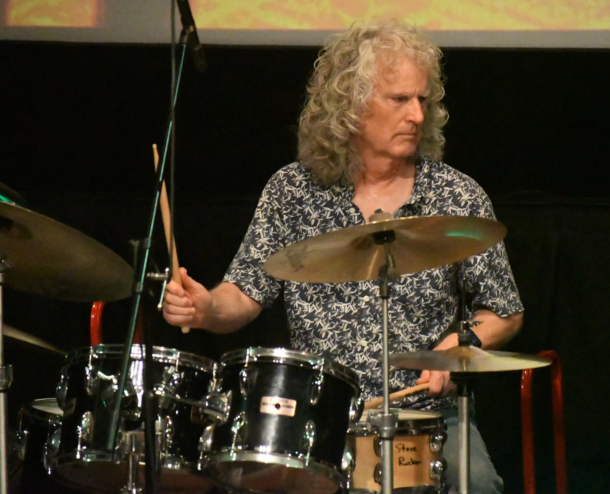 Steve Rucker at the drum kit with Randy Bernsen's Curious Minds, June 2025